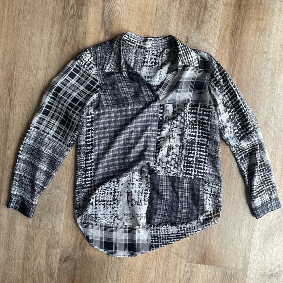 L’AGENCE Silk Button Down Shirt Black White Print Patchwork Blouse Top 100% Silk - Picture 1 of 6